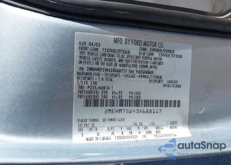 2003 Mercury Grand Marquis Ls z USA, uszkodzony, nr VIN 2MEHM75W43X688117